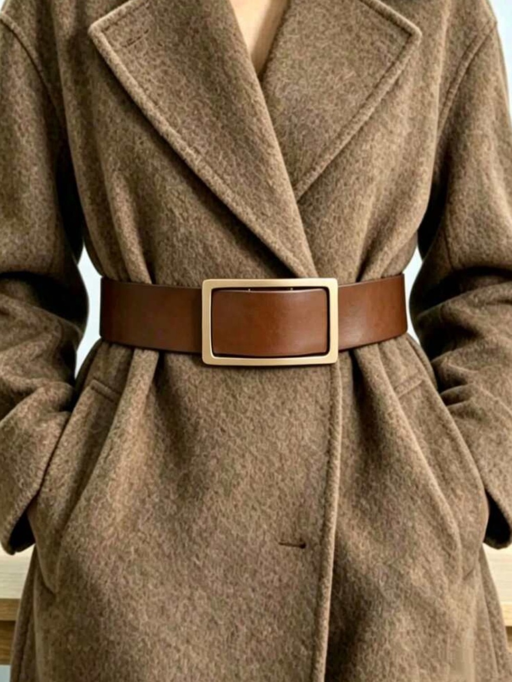 Wide Brown Leather Belt with Gold-Tone Rectangular Buckle